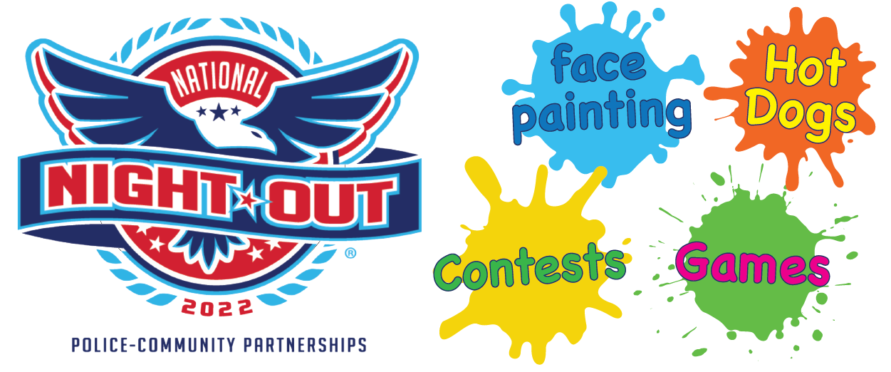 National Night Out 2022 logo with Face Painting, Hot Dogs, Contests and Games highlighted in bold colors